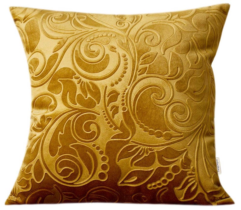 TangDepot Heavy Velvet Embossing Throw Pillow Cover, Classis Floral Anaglyph Velvet Fabric, Decorative Pillow Cover, Indoor/Outdoor Pillows Shell, Cushion Cover - (18" x 18", C13 Yellow) - Image 1